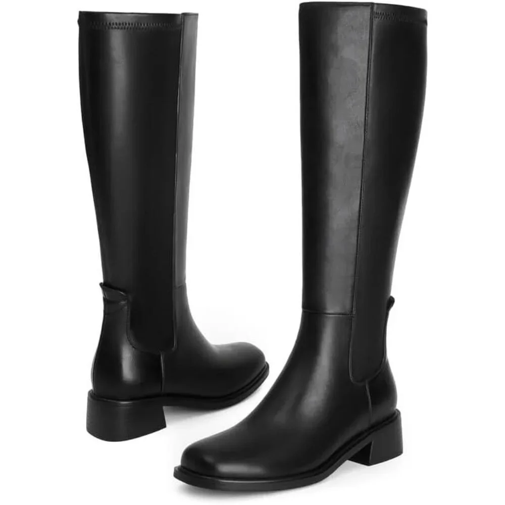 Women's Black Faux Leather Elastic Low Heel Square Toe Zipper Knee High Boots
